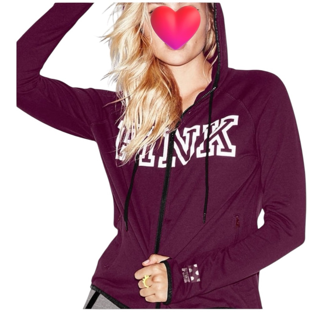 Victoria Secret Pink Maroon Zip Up Hoodie Black Trim Loungewear Casual Comfy